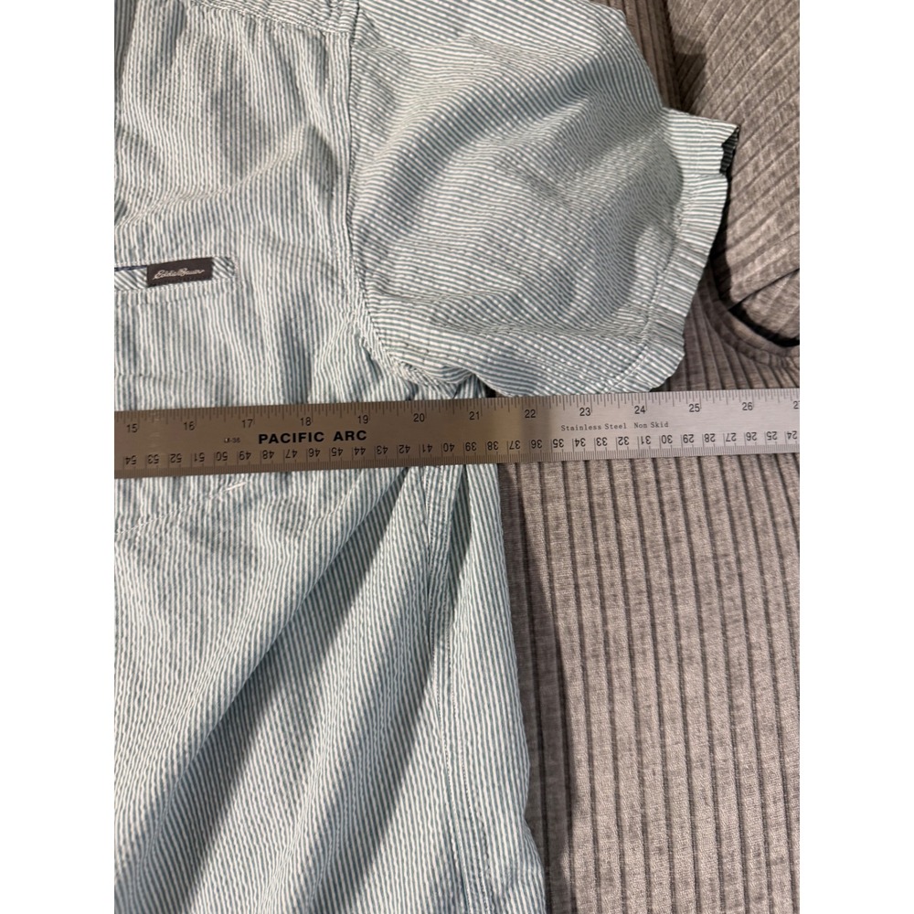 Eddie Bauer Mens TL Blue White Seersucker Stripe Short Sleeve Button Down Shirt - Picture 9 of 9